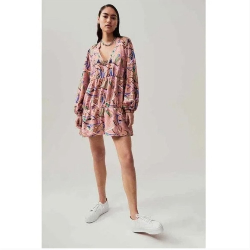 Open Edit Womens Long Sleeve Tiered Babydoll Dress Abstract Graphic Print